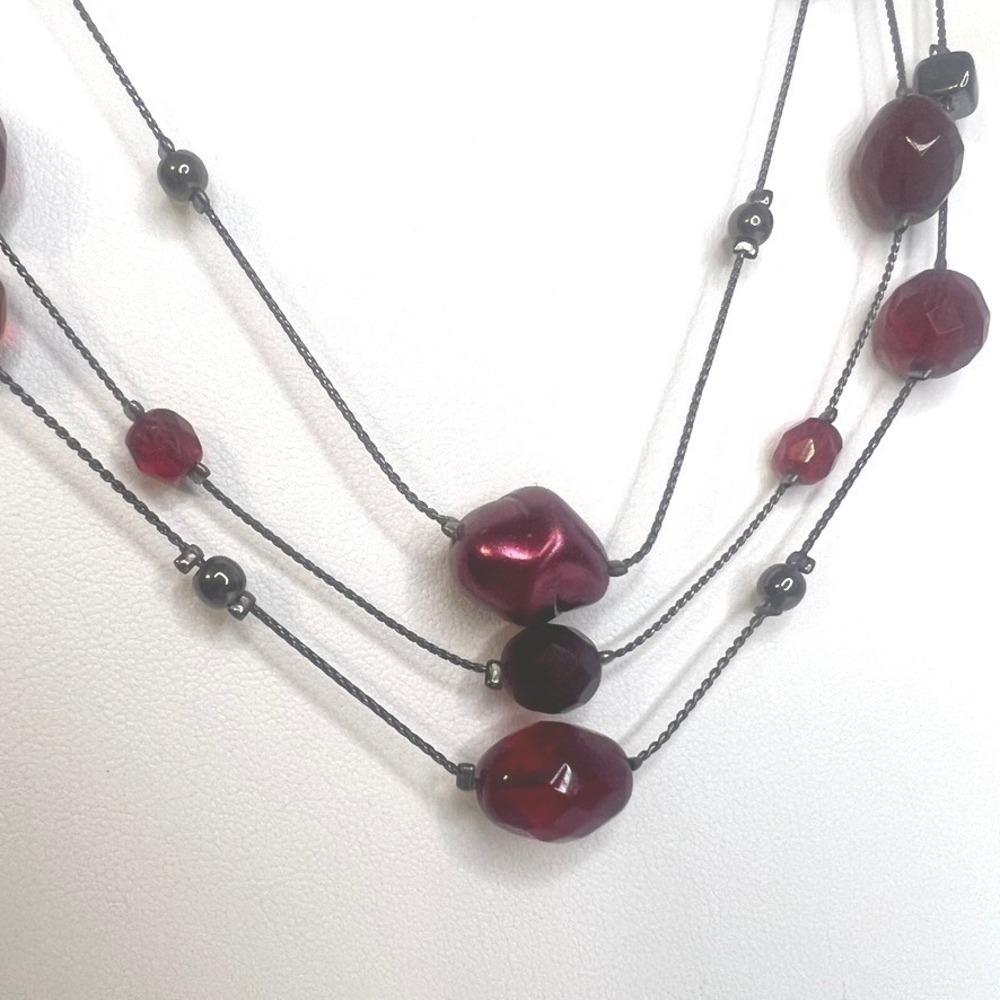 Vintage Beaded Station Necklace Hematite Gray Red Glass Gunmetal Chain 20-22"